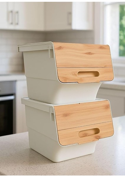 Tekerlekli Patates Soğan Sebze Saklama Sepeti, 24 Litre, Bambu Renk