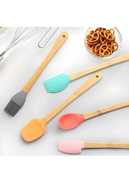5'li Renkli Bambu Saplı Silikon Uçlu Spatula Fırçalı Kaşık Seti modelleri