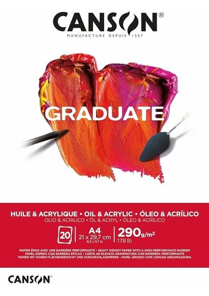 Graduate, Yağlı ve Akrilik Boya Kağıdı, Hafif Pürüzlü Yüzey, 290 G/m², Kısa Kenarda Yapıştırılmış Blok, Dın A4 21 x 29,7 Cm, Doğal Beyaz, 20 Yaprak