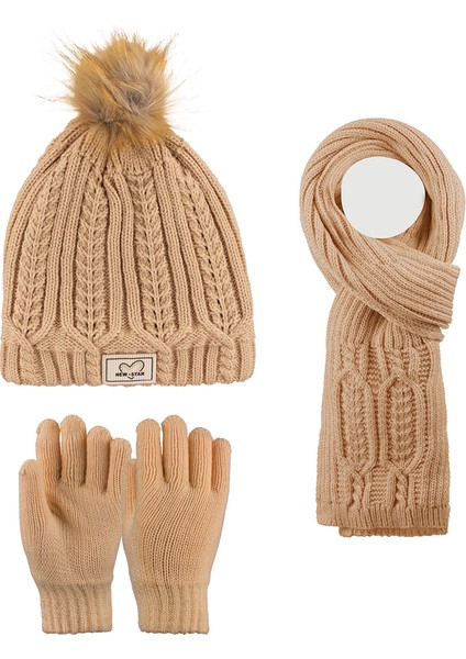 9-15 Yaş Garson 3'lü Takım Kız Atkı, Eldiven ve Şapka Set Içi Polarlı