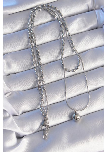 316L Çelik Çift Zincirli Gümüş Renk Topçuk Model Kolye modelleri