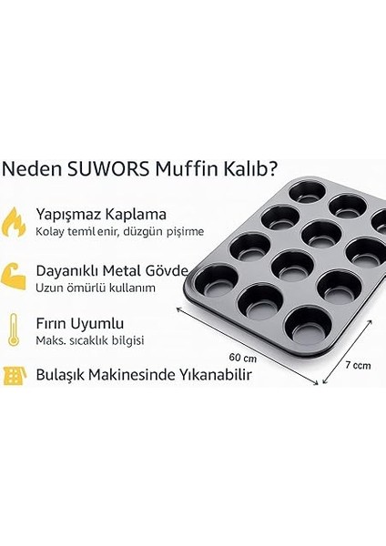 12 Gözlü Metal Muffin Kalıbı – Yapışmaz Kaplama, Fırın Uyumlu, Dayanıklı Siyah Muffin ve Cupcake Tepsisi, Kek Kalıbı fırsatları