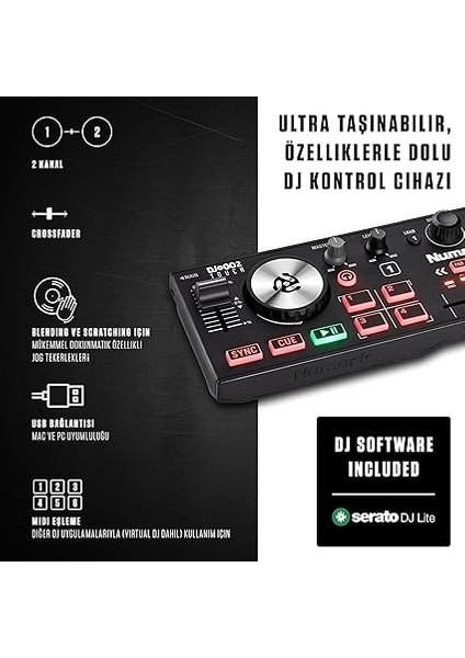 DJ2GO2 Touch – Yolculuk Için Mini Dj Kontrol Cihazı – 2 Panelli USB Dj Konsolu, Ses Arayüzü ve Kapasiteli Jogwheels, 4 Pad Modu; Yazılım Dahil modelleri