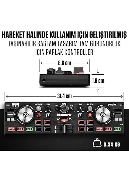 DJ2GO2 Touch – Yolculuk Için Mini Dj Kontrol Cihazı – 2 Panelli USB Dj Konsolu, Ses Arayüzü ve Kapasiteli Jogwheels, 4 Pad Modu; Yazılım Dahil fırsatları