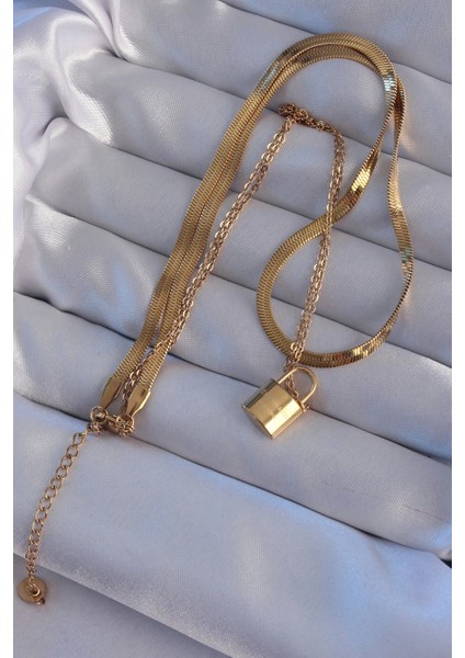 316L Çelik Gold Renk Çift Zincir Kilit Model Kolye fiyatları