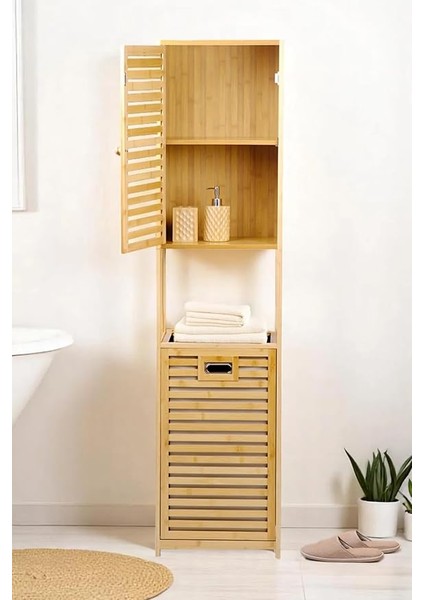 Bambu Kirli Sepetli 1 Raflı Kapaklı Banyo Dolabı Banyo Düzenleyici Çamaşır Sepeti Organizer DB-0010 fiyatları