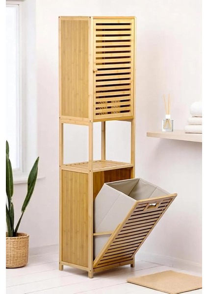 Bambu Kirli Sepetli 1 Raflı Kapaklı Banyo Dolabı Banyo Düzenleyici Çamaşır Sepeti Organizer DB-0010 modelleri