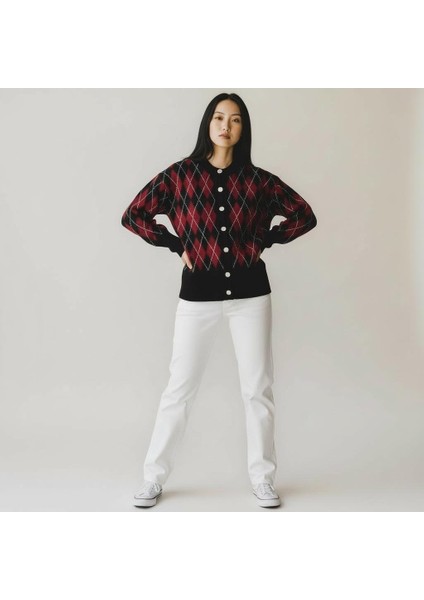 Fiyonk Desenli Çelik Örme Triko V Yaka Hırka