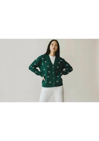 Fiyonk Desenli Çelik Örme Triko V Yaka Hırka