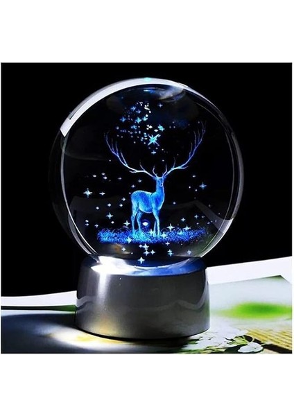 Kristal Cam Küre Renk Değiştiren LED Işıklı Gece Lambası Dekoratif Hediyelik (Geyik)