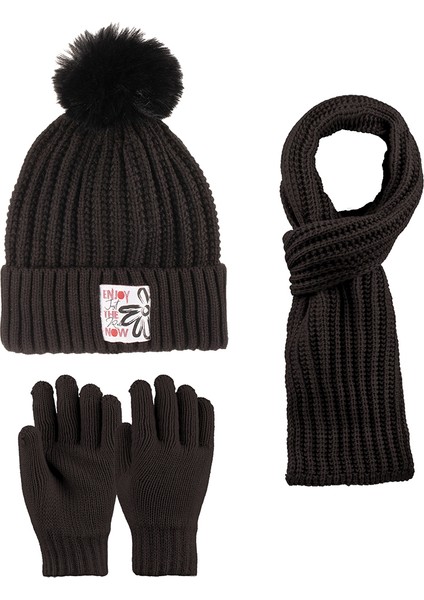9-15 Yaş Garson 3'lü Takım Kız Atkı, Eldiven ve Şapka Set Içi Polarlı