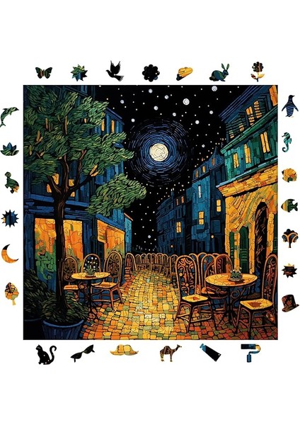 - Ahşap Puzzle Yetişkinler Için - Van Gogh Kafe Terasta Gece Reprodüksiyonu Benzersiz Parçalı Yapboz - 353 Parça - Yapıştırıcı Folyo - 29X29 cm - S1-32