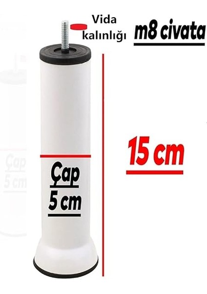 Kanepe Baza Koltuk Çekyat Yükseltme Ayağı Plastik, Ince Diş M8 Beyaz, 15 cm 4 Adet fırsatları