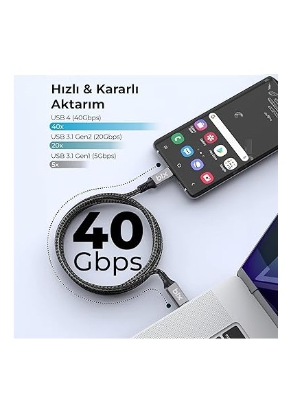 BXCC242 Usb4 Thunderbolt 3/4 Uyumlu Usb-C If 240W 40GBPS 8k 60Hz UHD Şarj, Data ve Görüntü Kablosu 1 Metre fırsatları