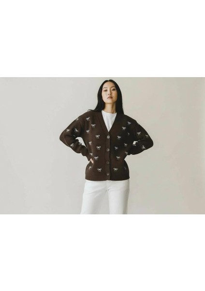 Fiyonk Desenli Çelik Örme Triko V Yaka Hırka