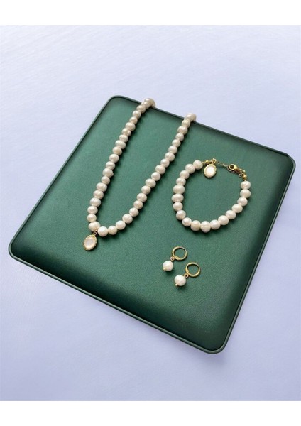 Sertifikalı Doğal Beyaz Inci Kolye Bileklik Küpe Set - Çelik Aparat - Sedef Charm