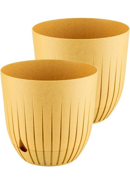 Adet Çizgi Saksı Seti Tabaklı Delikli Plastik Çiçek Saksısı Set (Sarı, 2 Litre)