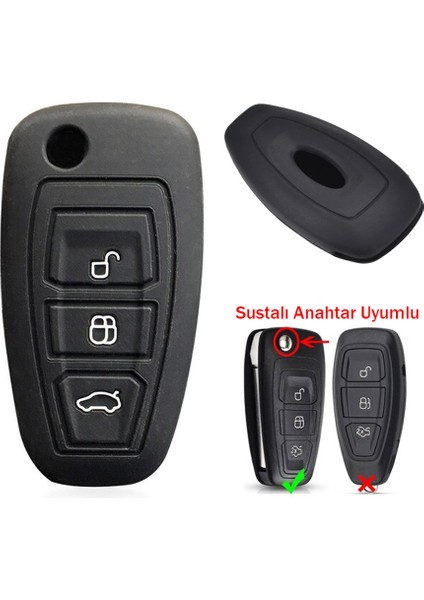 Ford Focus Mondeo Fiesta Kuga Sustalı Anahtar Uyumlu Silikon Oto Anahtar Kumanda Kabı Kılıf Siyah