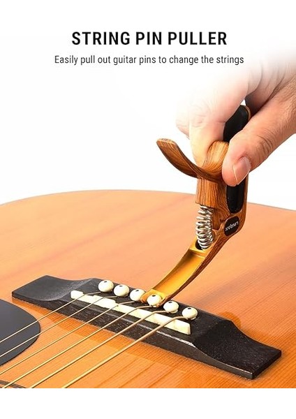 C1 Gitar Kapo - 3'ü 1 Arada Capo, Pena Tutucu ve Köprü Pimi Çekici - Akustik, Elektro, Klasik, Bas, Ukulele, Banjo, Mandolin Için Çinko Alaşım - Ahşap Tahıl Gitar Aksesuarı fırsatları