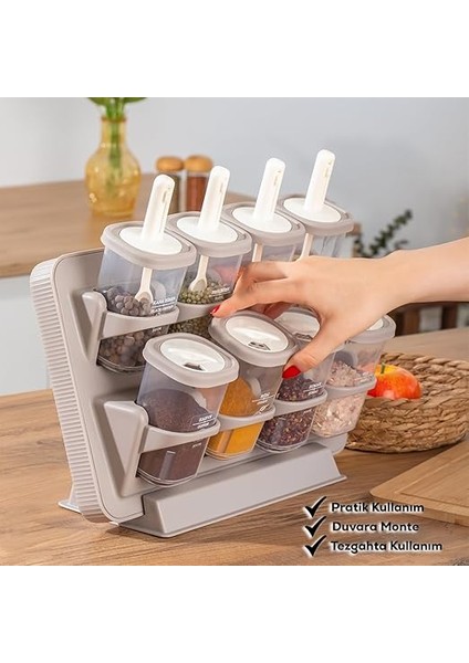 1116 Standlı Kaydırmalı Kaşıklı 360° Döner Kapaklı Etiketli Baharatlık Seti - Erzak Saklama Kabı Cappuccino modelleri