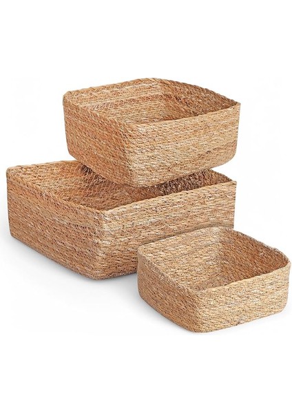 3'lü Rustik El Yapımı Doğal Kare Hasır Düzenleyici Seti | 3'lü Hasır Kare Organizer Seti – Dekoratif, Çok Amaçlı ve Dayanıklı Rattan Sepetler (26X26X12CM – 22X22X10CM – 18X18X8CM)