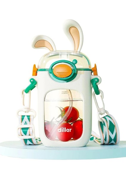 400ML Sevimli Tavşanlar Kulaklı Askılı Pipetli Tritan Çocuk Su Matarası (Beyaz)