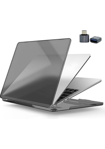 MacBook Air M1 Kılıf 13.3 Inç Sert Koruyucu Kapak – A2337 A2179 A1932 Uyumlu Kristal Parlak Çizilmez Darbe Önleyici + USB Çevirici – Siyah