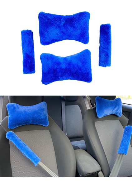 Peluş Ortopedik Araba Seyahat Boyun Yastığı Emniyet Kemer Pedi Seti Mavi