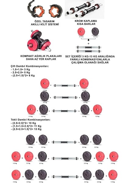16 kg Dambıl Seti Kırmızı-Siyah 6 In 1 Fitness Set modelleri