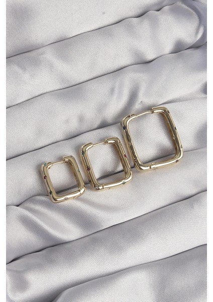 Pirinç Gold Renk Renkli Zirkon Taşlı Kare Model Küpe Seti