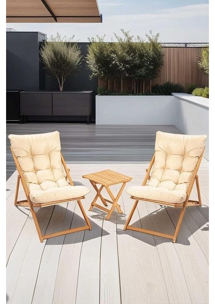 Flex 2'li Ahşap Puf Minderli Bahçe, Balkon, Teras ve Plaj Katlanır Şezlong Set Bistro