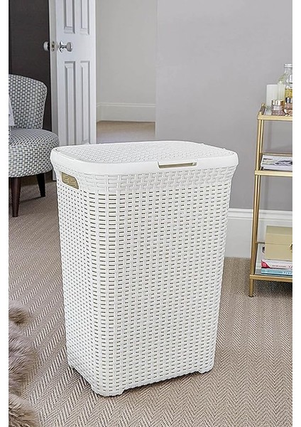 Desenli Plastik Çamaşır Sepeti Beyaz