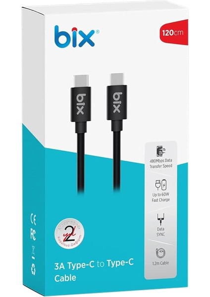 BX-UC02C 60W Type-C To Type-C Hızlı Şarj ve Data Kablosu 1.2 Metre Siyah indirimleri