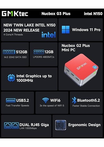 G2 Plus Intel N150, 12GB Lpddr5, 512GB M.2 Ssd, Wi-Fi6, Bt 5.2, WIN11 Pro Mini Pc fiyatları