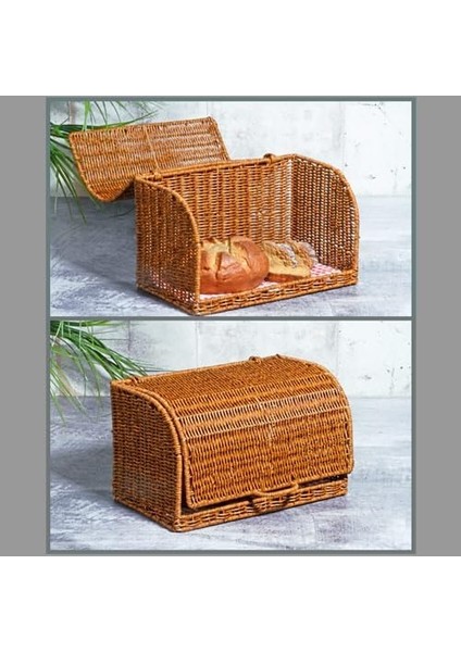 Wicker Serisi Vernikli Hasır Örme 35 cm Kapaklı Ekmek Dolabı