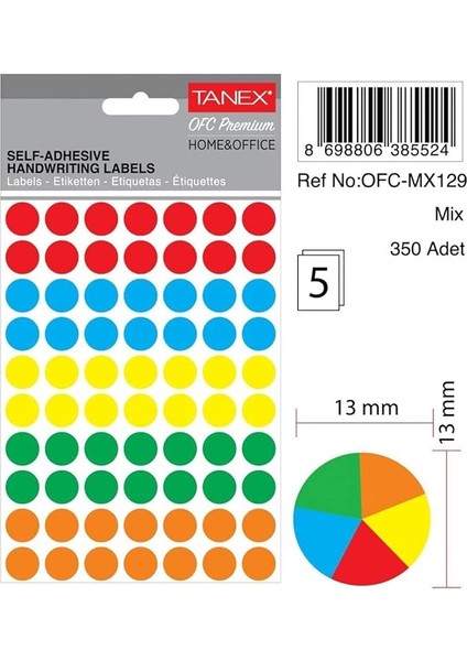 Ev-Ofis Nokta Etiket 13 mm 5 Renk 350 Etiket
