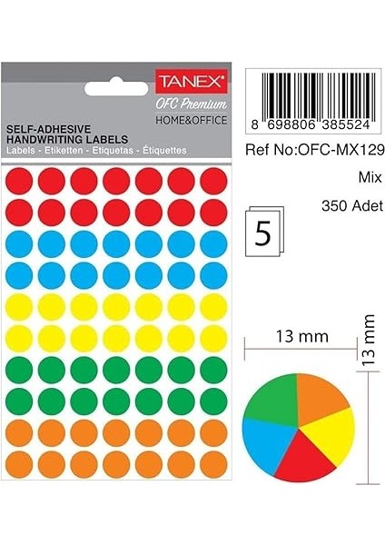 Ev-Ofis Nokta Etiket 13 mm 5 Renk 350 Etiket fiyatları