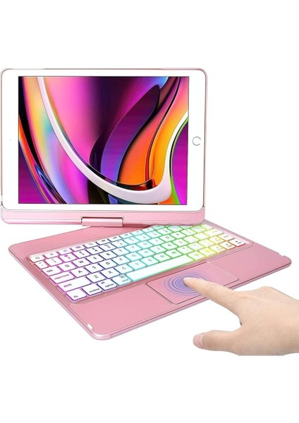 Ipad 8. ve 9. Nesil 2020/2021 ile Uyumlu 10.2 Klavyeli Kılıf 360 Dönebilen Rgb Tuşlu Touchpad, Pembe