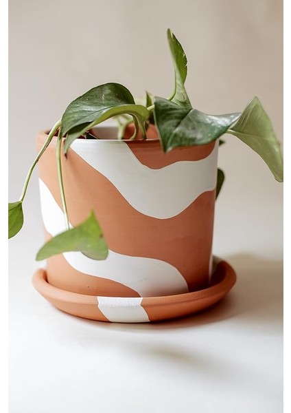 Silindir Saksı+Tabak • Bohem Beyaz (3'lü Set (Küçük+Orta+Büyük))