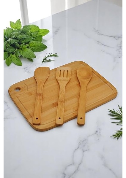 Golden Bambu Serisi Oluklu Antibakteriel Yıkanabilir Bambu 36X26 cm Doğrama Tahtası, Kaşık ve Spatula, Tahta Kevgir, 4'lü Set fiyatları