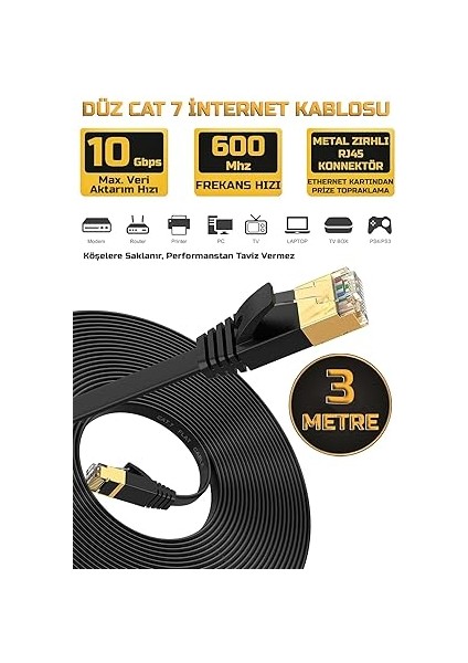Cat 7 Ethernet Kablosu 10 Gigabit/s 600 Mhz Premium Metal Zırhlı RJ45 Konnektör (3 Metre) fiyatları
