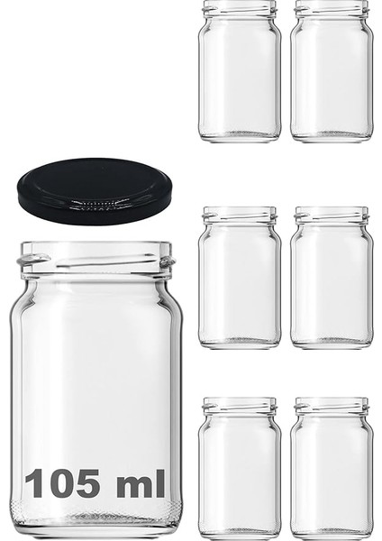 105 ml Metal Siyah Kapaklı 105 cc Şeffaf Konserve Cam Kavanoz 6 Adet