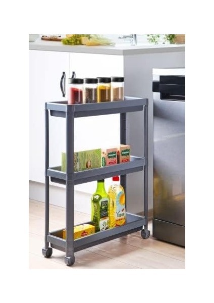 Ticaret Tekerlekli Dikdörtgen 3 Katlı Raf Ünitesi - Banyo Mutfak Düzenleyici Organizer Gri