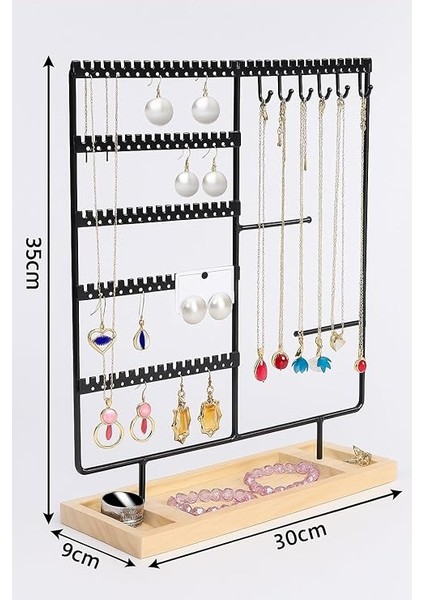 Takı Organizeri, Takı Standı Metal Stand ve Ahşap Taban, 35X30X9.5 Cm, Küpe Kolye Yüzük Düzenleyici, Siyah modelleri