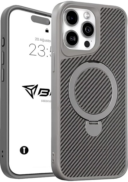 iPhone Karbon Fiber Materyal Stand Özellikli Lens Çerçeveli ve Sararmayan Güçlü Darbe Emici Premium Kılıf (Gümüş, iPhone 14 Pro Max)