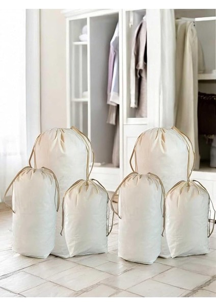 Room Krem Büzgülü Hurç 6'lı Set - 2xxl,2xl, 2l - Taşınma Çantası - Yorgan Yastık Çamaşır Saklama Torbası