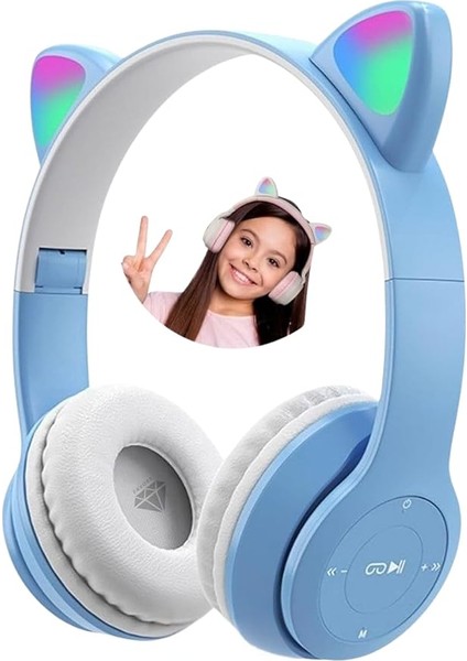 Kedi Kulağı Bluetooth Kablosuz Kulaklık Rengarenk Işıklı Rgb Mavi Çocuk Oyun Kulaklığı Radyolu