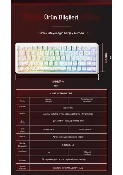 AK680 Max He Kablolu Manyetik Switch Klavye - 8000Hz - 0.125MS (AK680 Max He - Beyaz Desenli) indirimleri