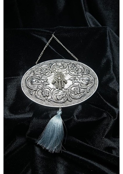 DESIGN.925 Ayar Gümüş El Yapımı Duvar Aynası, Gri Püsküllü Fatma'nın Eli Motifli