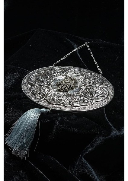 DESIGN.925 Ayar Gümüş El Yapımı Duvar Aynası, Gri Püsküllü Fatma'nın Eli Motifli modelleri